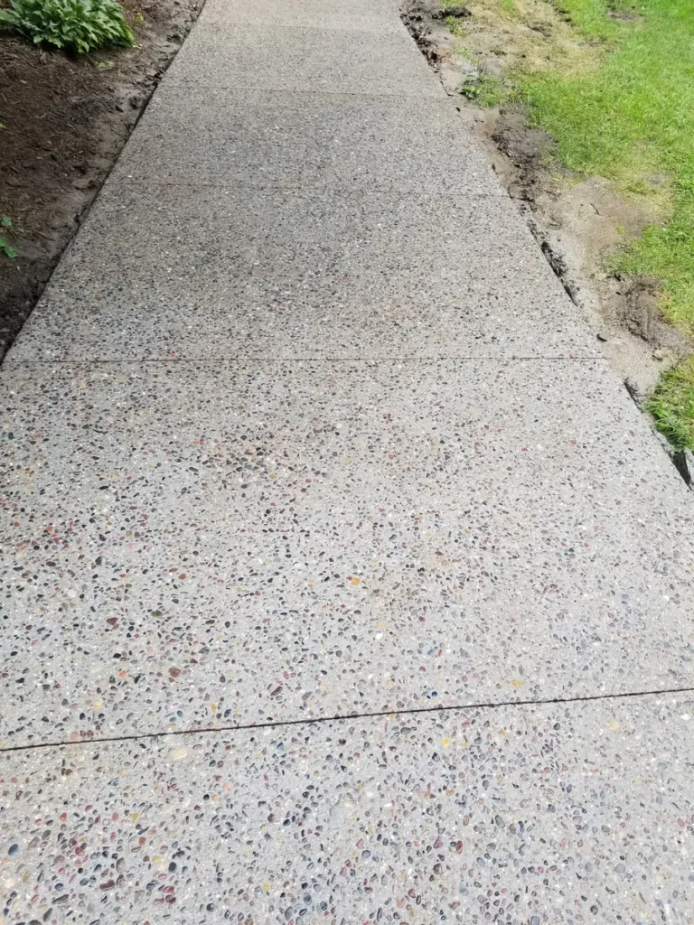 Exposed aggregate concrete sidewalk with control joints running between a garden bed and a lawn